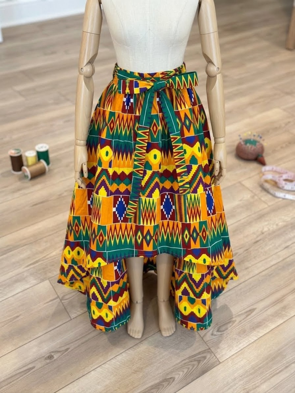 High-Low Tribal Print Dress with Self-Tie Waist - Yellow & Green